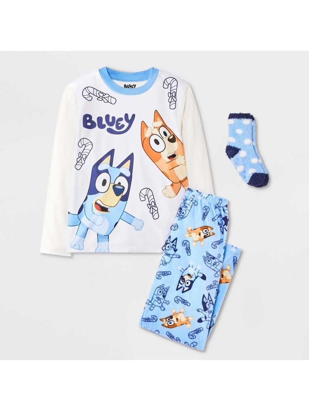 Boys' 2pc Bluey Holiday Cozy Pajama Set with Socks - Blue size M